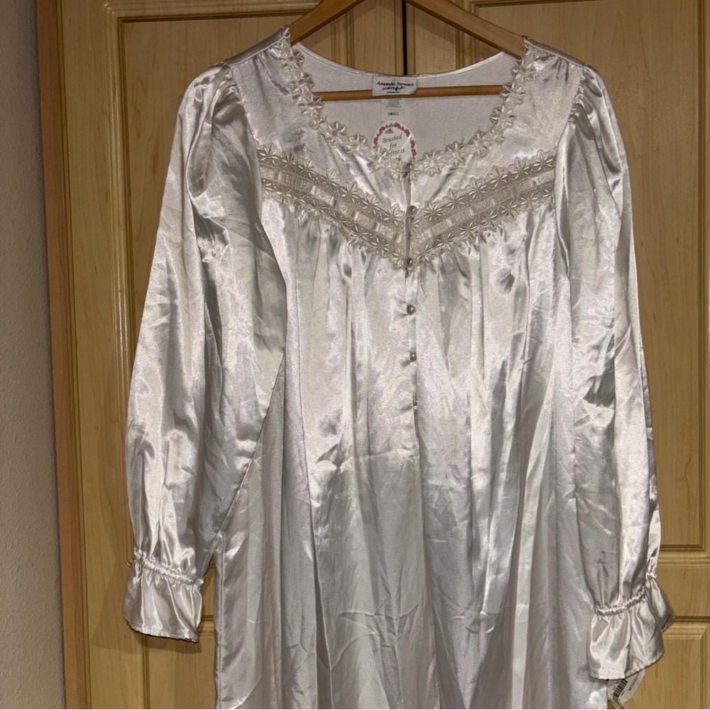 Vintage Amanda Stewart Int. Satin Granny Grandma Nightgown Lace White Y2K Small